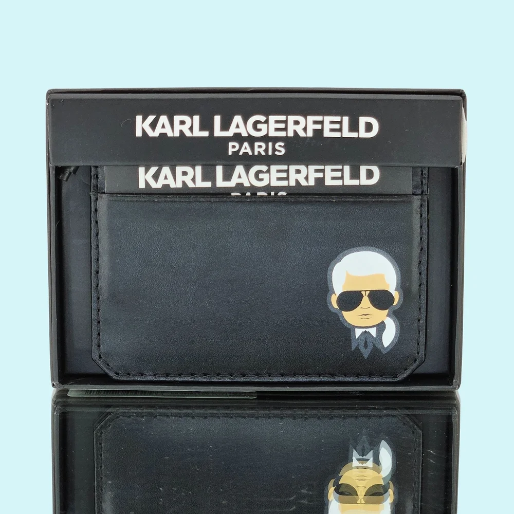 Karl Lagerfeld Paris Card Case Black Karl Head Leather Travel Made in Italy Gift